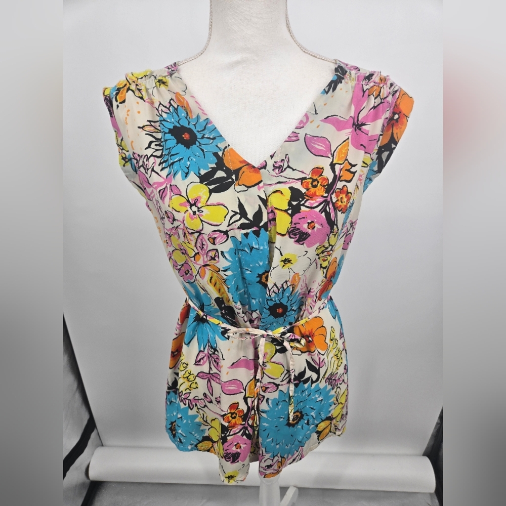 Feline Sleeveless Abstract Floral Button Down Top Vibtage Large (6600)